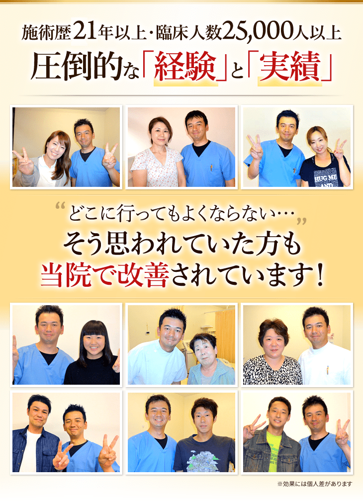 四條畷で施術歴19年以上。臨床人数25,000人以上の圧倒的な経験と実績をもつ整骨院